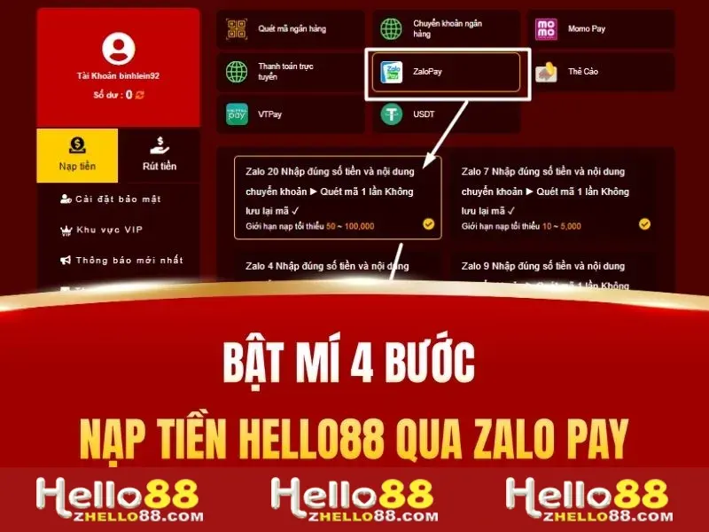 Bật mí 4 bước nạp tiền Hello88 qua Zalo Pay