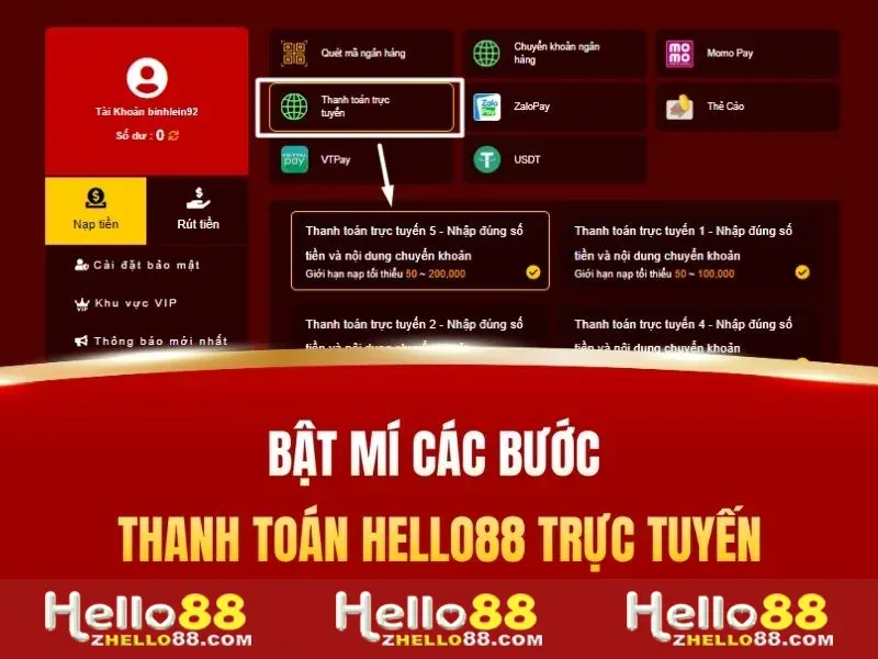 Bật mí các bước thanh toán Hello88 trực tuyến